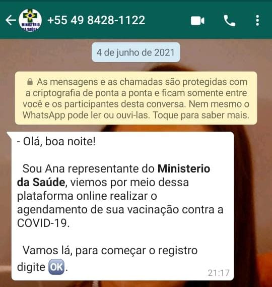 Falsa mensagem de agendamento da vacina contra a covid-19