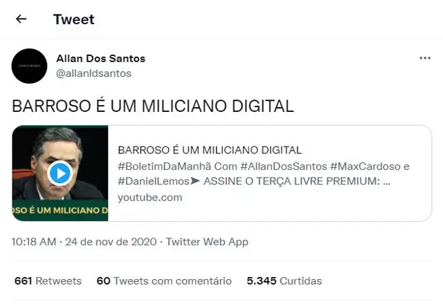 Tweet promovendo o vídeo, no canal do blogueiro | Foto: Divulgação Via SBT News
