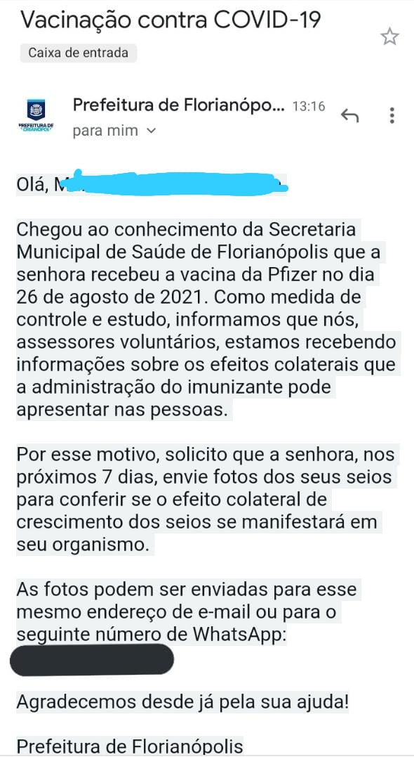 E-mail com pedido de nudes é falso, alerta Prefeitura de Florianópolis