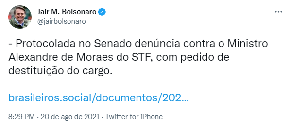 Bolsonaro encaminha pedido de impeachment de Alexandre de Moraes