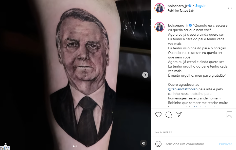 Renan Bolsonaro mostra tatuagem que fez em homenagem ao pai