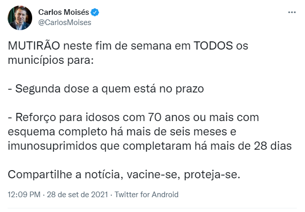 Santa Catarina terá mutirão de vacinação contra a Covid-19