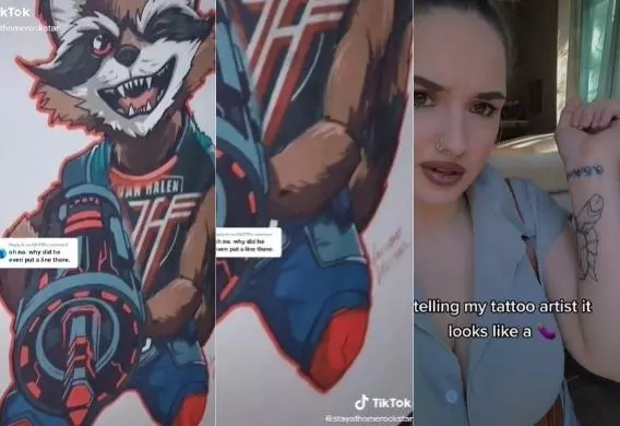 Tiktoker mostra tatuagem de Rocket Raccoon que deu errada (Reprodução/TikTok)
