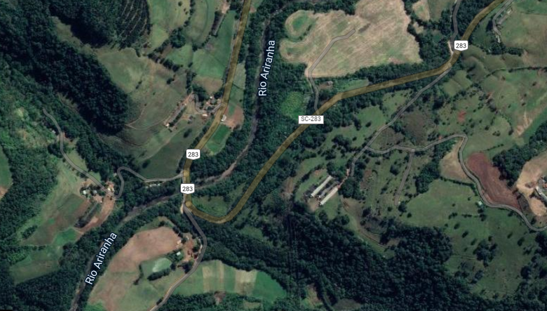 Localização do Rio Ariranha, na SC-283, no Oeste de Santa Catarina. Foto: Google Maps, Reprodução 