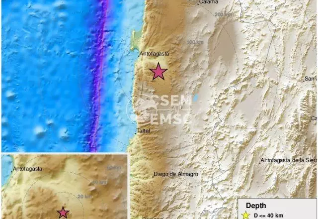 Tremor foi sentido na cidade portuária de Antofagasta, localizada no deserto de Atacama | Reprodução/Twitter EMSC

