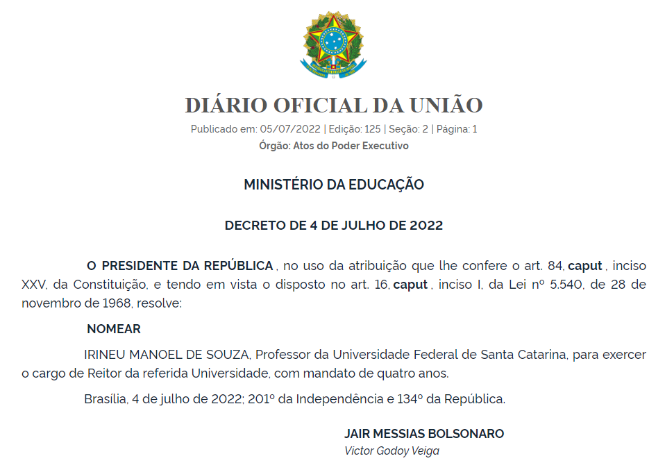 Governo Federal confirma nomeação do novo reitor da UFSC