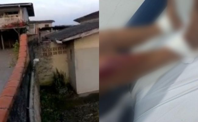 (Esq.) Imagem do momento que o homem despenca ao fugir por telhados das casas vizinhas. | (Dir.) Homem ficou ferido com a queda do telhado. | Fotos: Polícia Militar de Santa Catarina / Reprodução