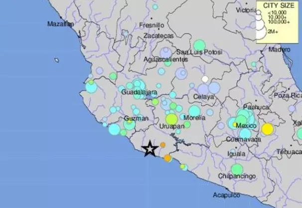 O terremoto foi centrado a 50km ao sul-sudoeste de Aguililla, Michoacan, a uma profundidade de 24,1 km | Reprodução/ Serviço Geológico dos EUA

