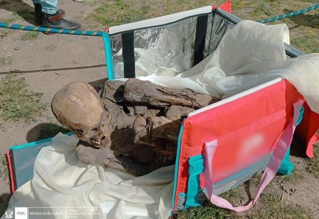 O homem negou que planejava vender a múmia e que a transportava na bolsa térmica de entregas porque seus amigos queriam vê-la | Foto: reprodução/Ministério da Cultura do Peru/Facebook