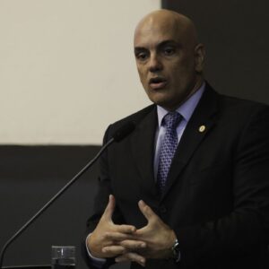 O ministro do STF Alexandre de Moraes durante abertura do Seminário Políticas Judiciárias e Segurança Pública, no Superior Tribunal de Justiça (STJ). Moraes determina quebra do sigilo de imagens de vandalismo no Planalto