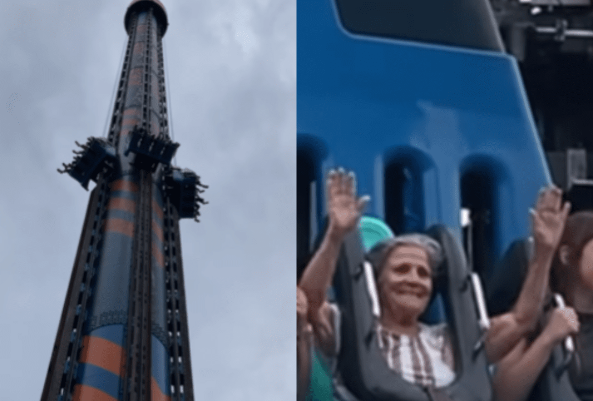 Idosa de 92 anos encara a maior torre de queda livre da América Latina;  assista