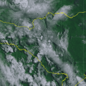 Foto: Defesa Civil / Reprodução | Figura: Imagem do satélite GOES-16, canal visível às 10h30, horário local.

