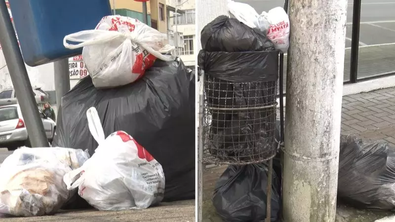 Lixo estava espalhado pelas ruas do Centro de Lages | Imagem: Márcio Ramos/SCC SBT