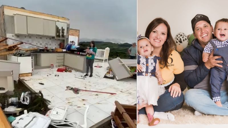 Tornado destruíu a casa de uma família em Urupema | Foto: Montagem/Reprodução Redes Sociais e Arquivo Pessoal