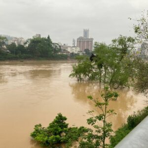 Até as 7h, o rio Itajaí Açu estava na altura de 9,08 metros | Foto: Natiele Oliveira/SCC SBT 