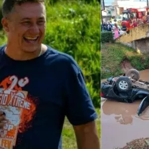 Edson Tives morreu após seu carro cair no rio Carahá, em Lages | Fotos: Reprodução/Redes Sociais e Gabriel Senem/Rádio Clube