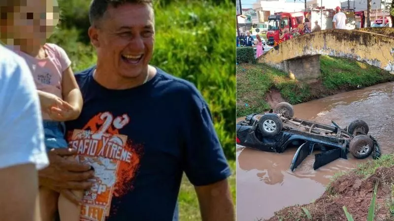 Edson Tives morreu após seu carro cair no rio Carahá, em Lages | Fotos: Reprodução/Redes Sociais e Gabriel Senem/Rádio Clube