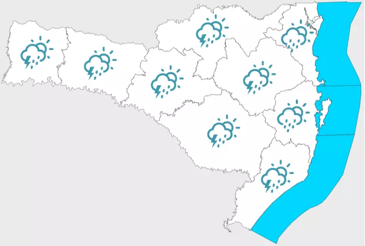 Mapa do tempo em SC nesta terça-feira (2). Foto: Defesa Civil, Reprodução 