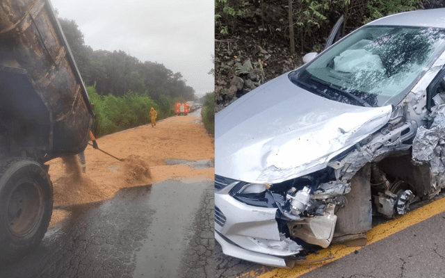 Colisão entre carro e caminhão causa vazamento de óleo na SC-283