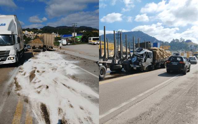 BR-470 fica com óleo na pista após colisão entre caminhões  | Foto: Corpo de Bombeiros Militar de Santa Catarina (CBMSC) / Reprodução 