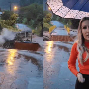 Ponte desaba ao vivo durante alerta de prefeita sobre fortes chuvas no RS; vídeo impressionante