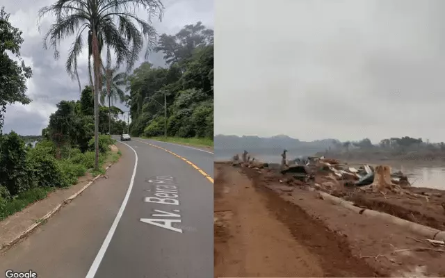 Imagem mostra região antes de ser destruída pela enchente em Lajeado | Foto 1: Google Maps / Foto 2: Angélica Varaschini / SCC10