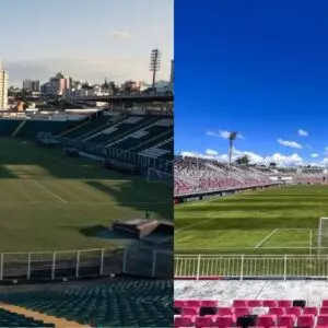 Estádios de Figueira e Joinville. Fotos: Redes Sociais, Reprodução 