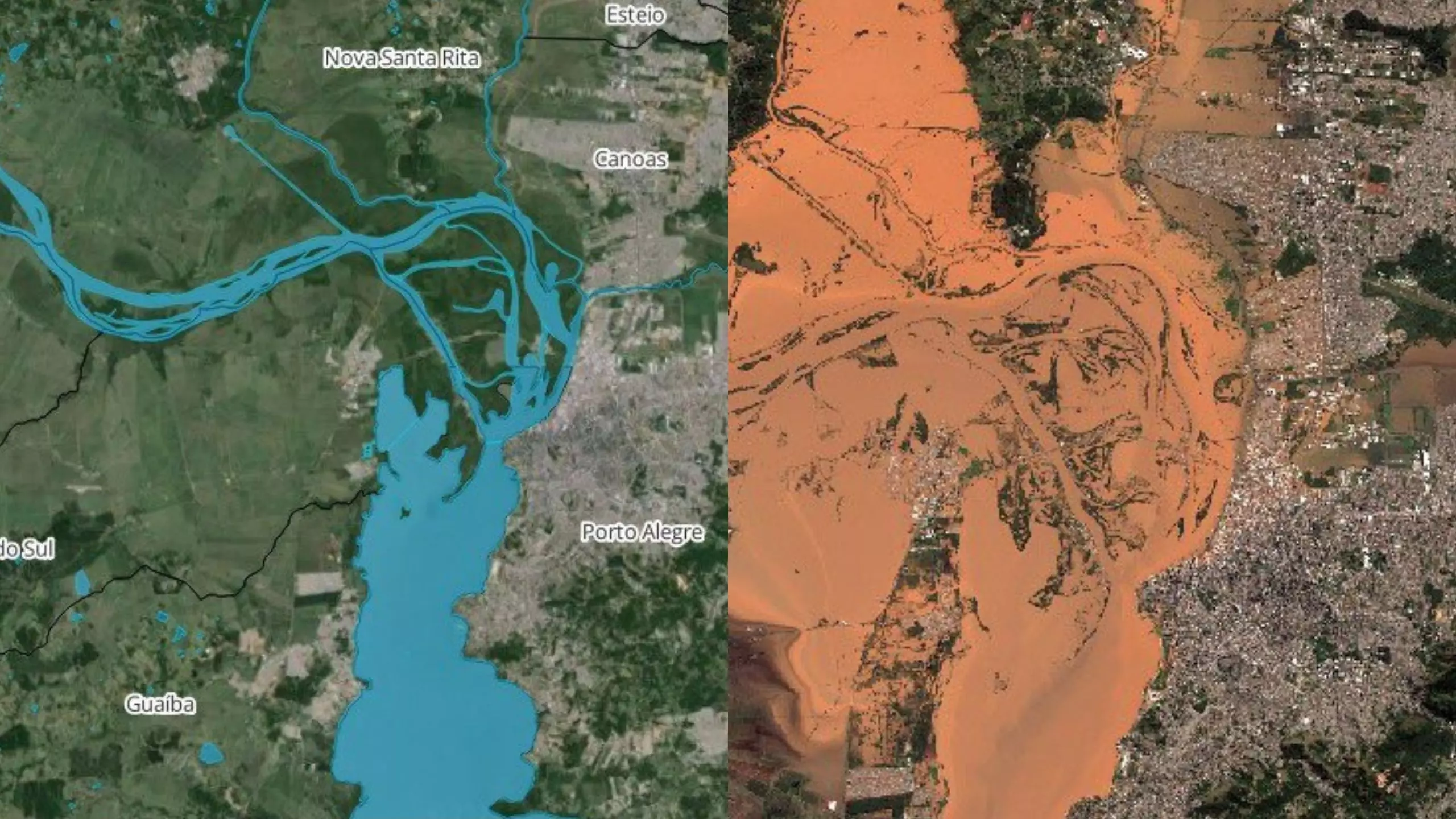 Imagens de satélite mostram "antes e durante" enchente em Porto Alegre - Foto: Reprodução/MetSul/X