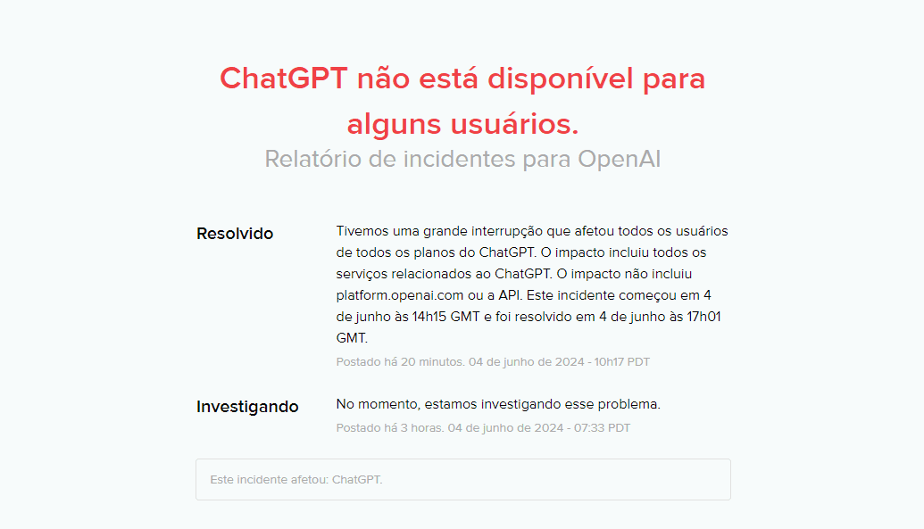 ChatGPT fica fora do ar; saiba mais