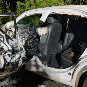 Família que estava em carro da marca Volvo foi levado ao hospital com ferimentos leves | Foto: Corpo de Bombeiros Militar de Santa Catarina (CBMSC) / Reprodução 