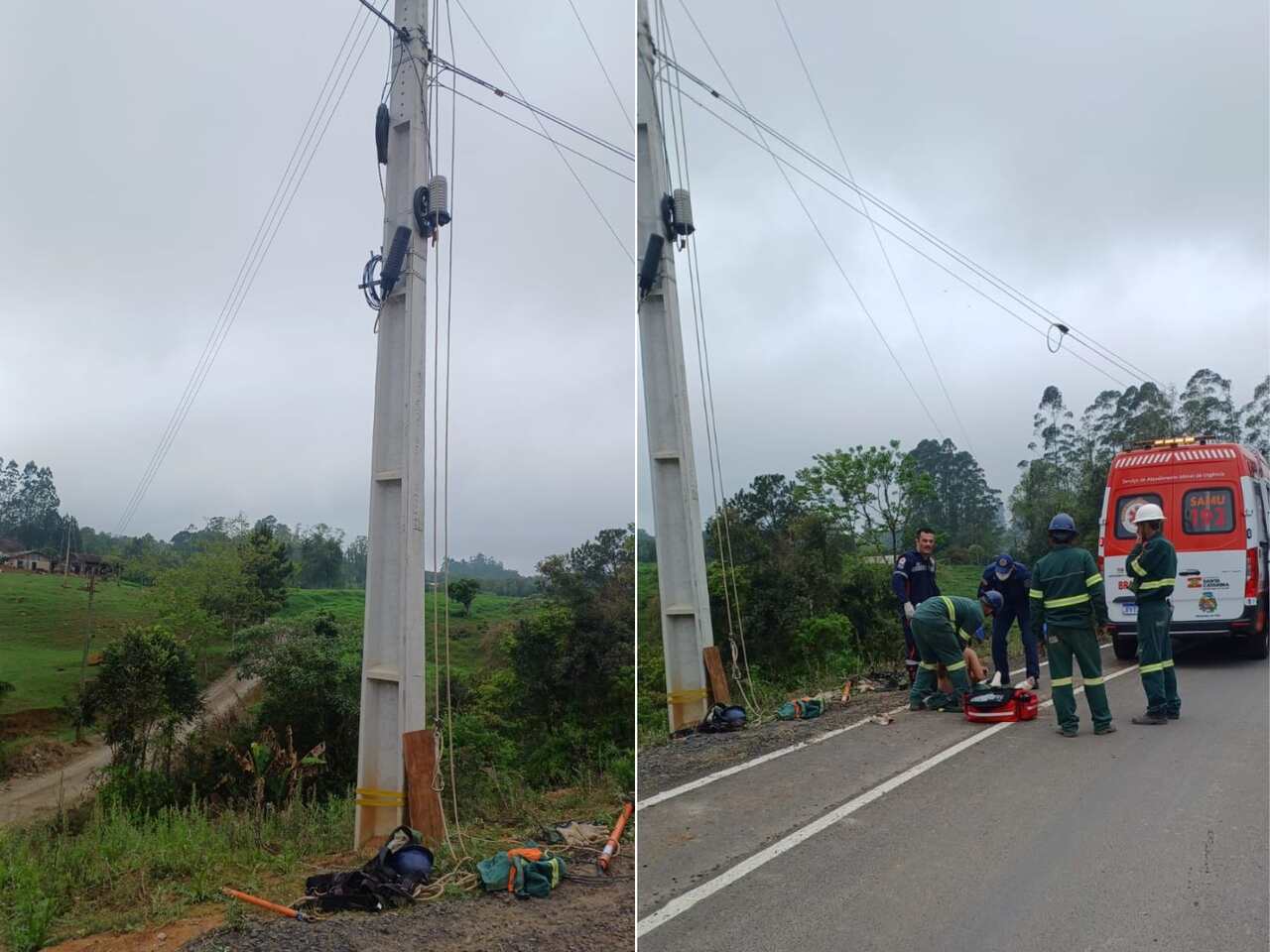 Trabalhador é socorrido após sofrer descarga elétrica em SC | Foto: CBMSC/Divulgação.