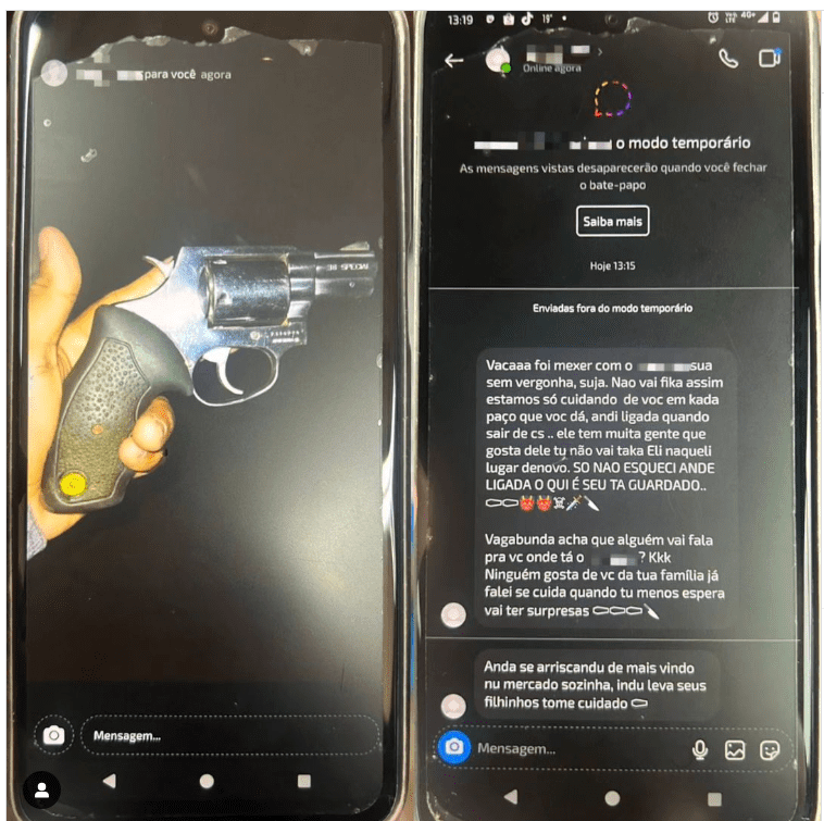 No print de uma conversa nas redes sociais, é possível ver o tom das ameaças e a foto da arma | Foto: PMSC Lages