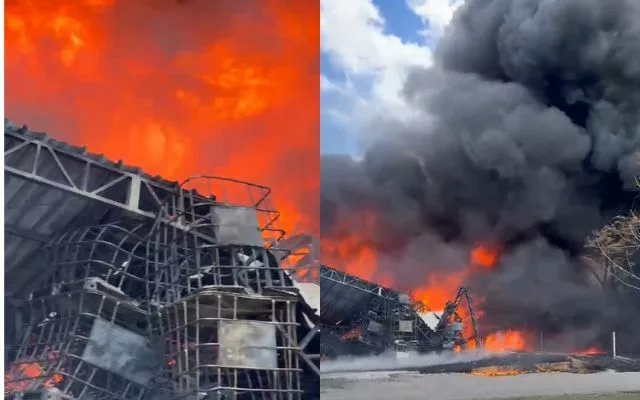 incêndio de grandes proporções atinge indústria em SC | Imagem: CBMSC/Divulgação. 