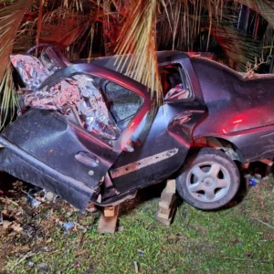 Motorista morre após carro bater em árvore. - Foto: PRMv/Reprodução