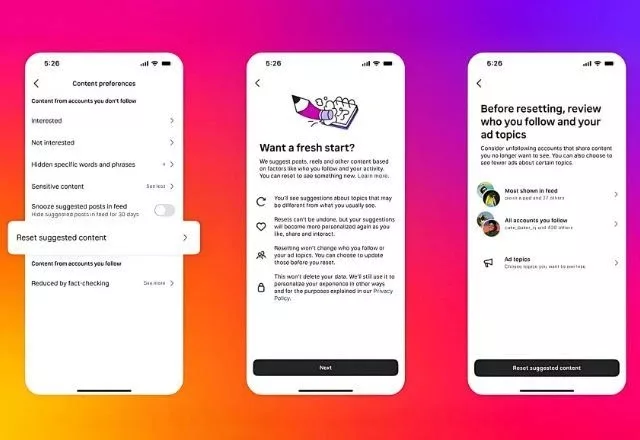 Algoritmo do Instagram dá uma chance de reiniciar as configurações | Foto: Meta
