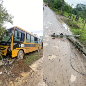 Motorista de ônibus escolar fica ferido ao colidir contra poste no Alto Vale