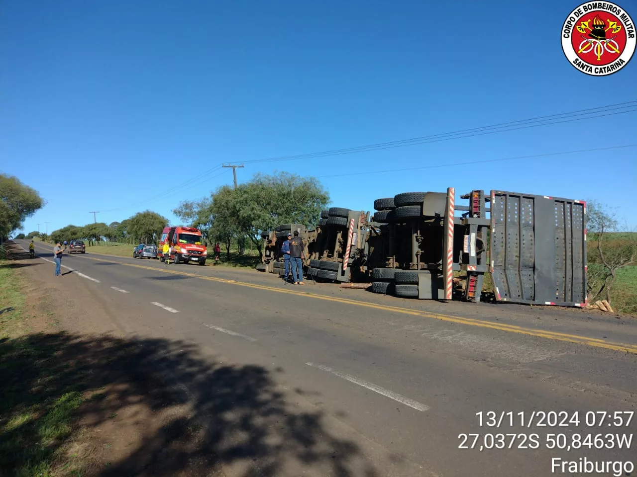 Motorista perde o controle e tomba caminhão de toras na SC-355