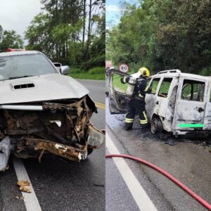 Após colisão, veículo pega fogo na BR-282 em SC | Foto: CBMSC