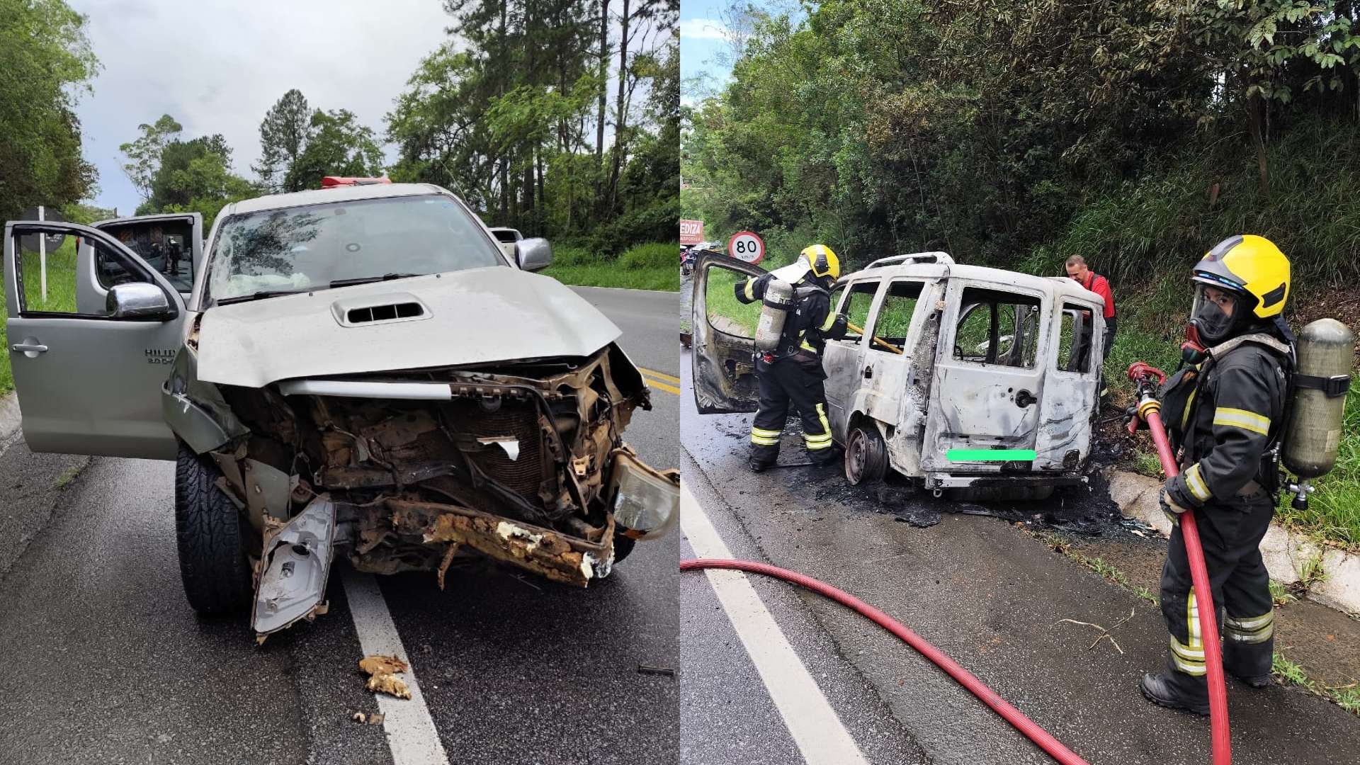 Após colisão, veículo pega fogo na BR-282 em SC | Foto: CBMSC