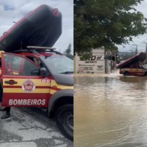 Mulher em trabalho de parto é resgatada em meio aos alagamentos em SC