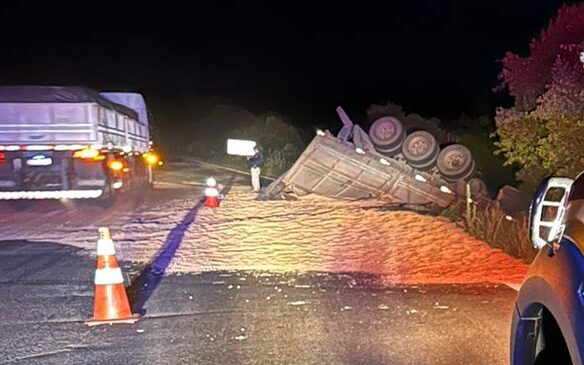 Caminhão tomba, cai em ribanceira e idoso fica ferido na BR-470