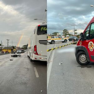 Motociclista bate em carro e é prensado por ônibus em SCMotociclista bate em carro e é prensado por ônibus em SC | Foto: CBMSC