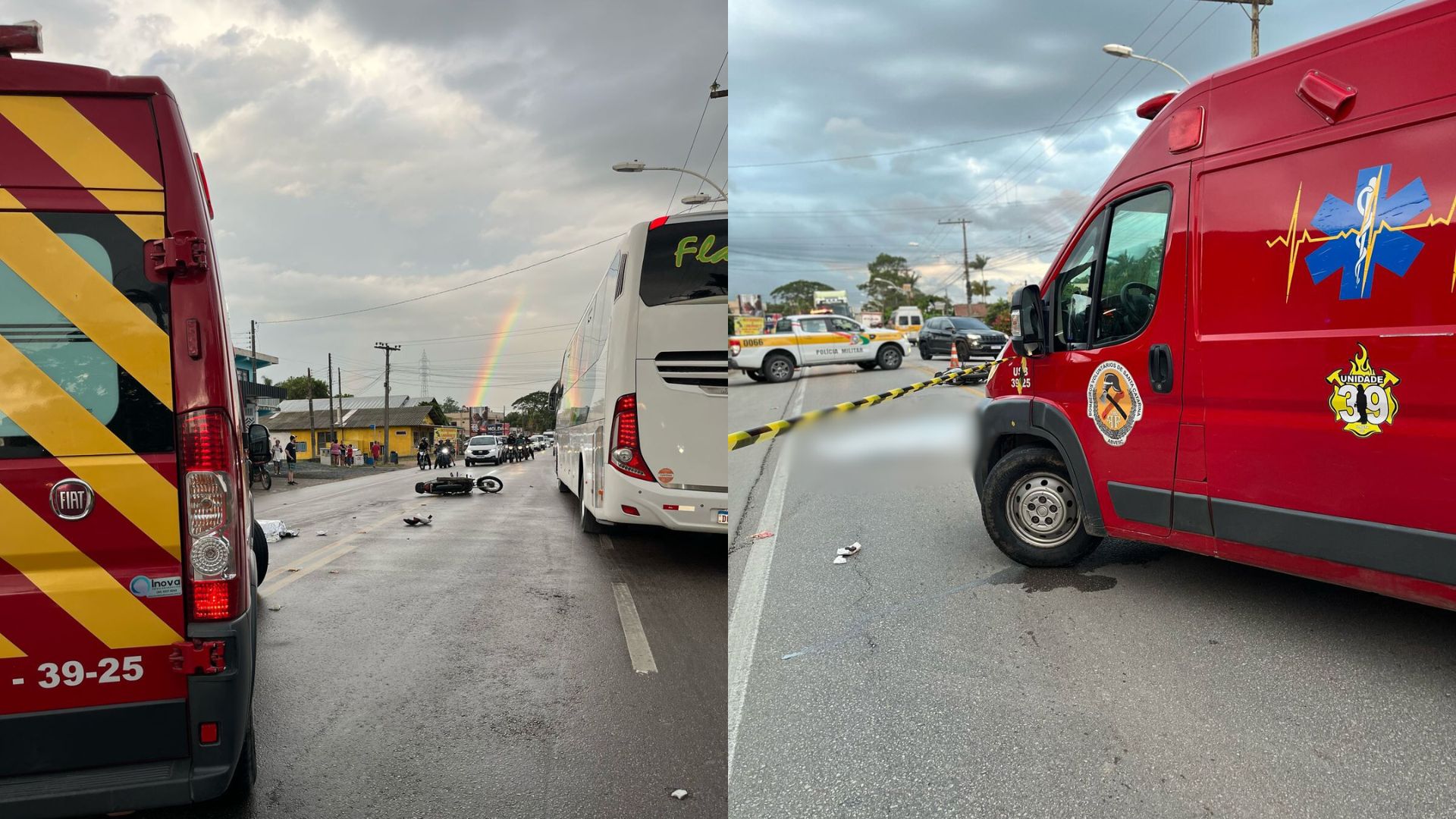 Motociclista bate em carro e é prensado por ônibus em SCMotociclista bate em carro e é prensado por ônibus em SC | Foto: CBMSC