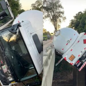 Motorista dorme e caminhão de gás fica preso em vão de ponte; veja imagens | Foto: Comando Rodoviário