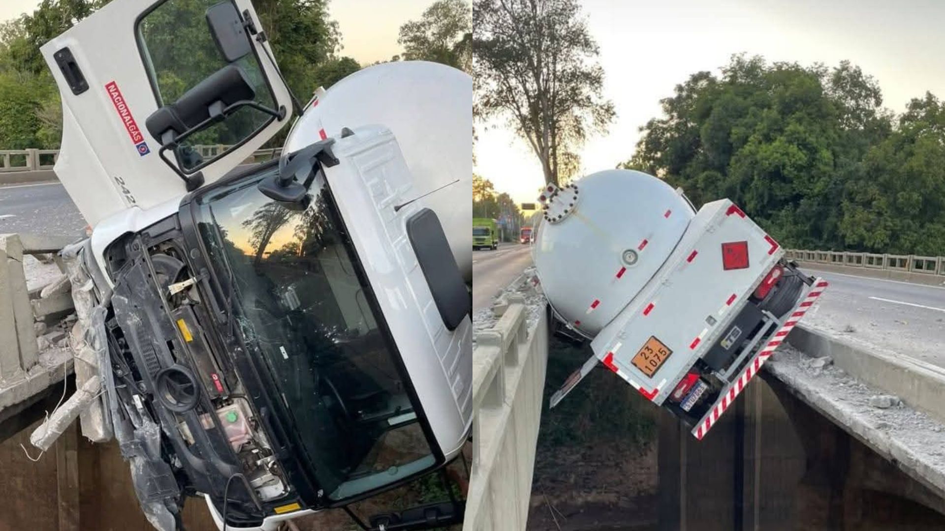 Motorista dorme e caminhão de gás fica preso em vão de ponte; veja imagens | Foto: Comando Rodoviário