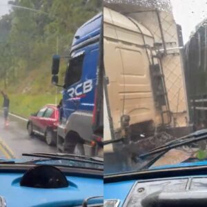 “Senhor, tenha misericórdia!”: vídeo mostra desespero durante quase acidente com carretas no PR | Foto: Reprodução/Redes Sociais.