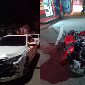 Colisão entre carro e moto deixa motociclista ferido em Correia Pinto | Fotos: 5º BBM