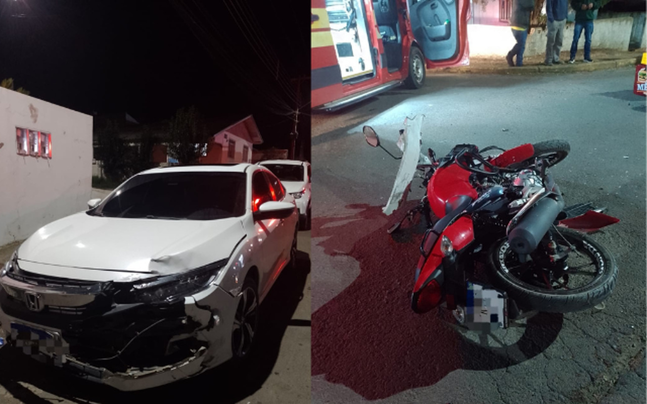 Colisão entre carro e moto deixa motociclista ferido em Correia Pinto | Fotos: 5º BBM