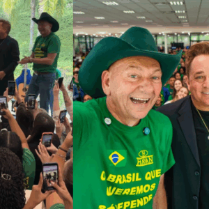 Leonardo canta em cima da mesa ao lado de Luciano Hang em SC | Foto 1: Reprodução/Redes Sociais 
Foto 2: Foto: Havan/Divulgação