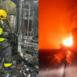 Motorista morre carbonizado após caminhão tombar e pegar fogo na BR-282 | Imagem: Corpo de Bombeiros/Reprodução